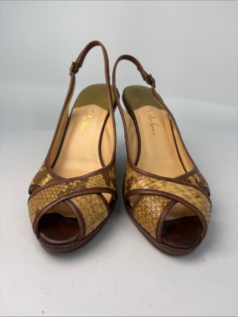🐈⬛ Cole Haan Brown Snake-Texture Slingback wood look Wedge Sandals